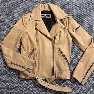 7 For All Mankind Beige Leather Moto Jacket with Belt